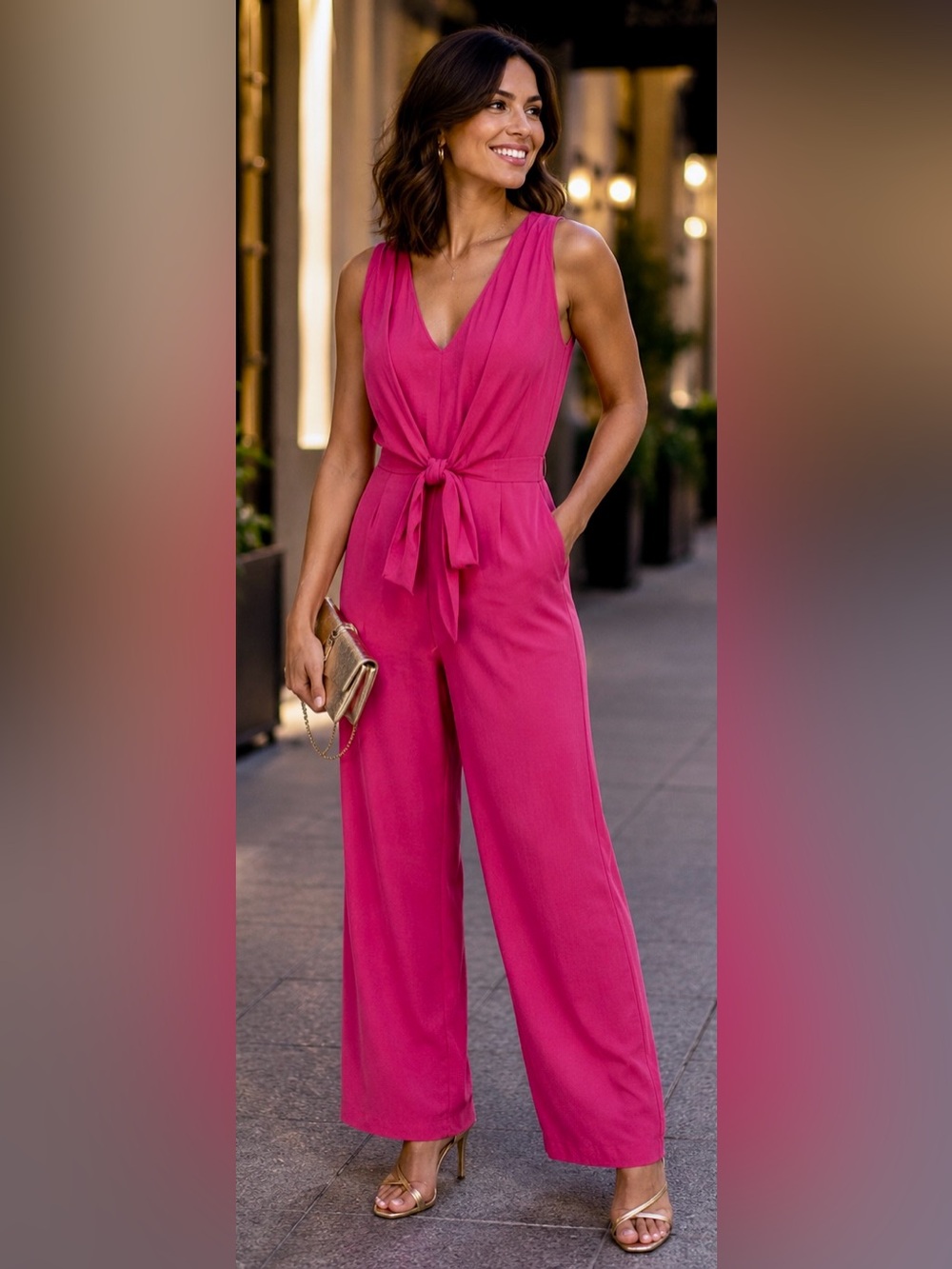 1. STATE Magenta Jumpsuit M Wide Leg V-Neck Bow Waist Pockets Dopamine